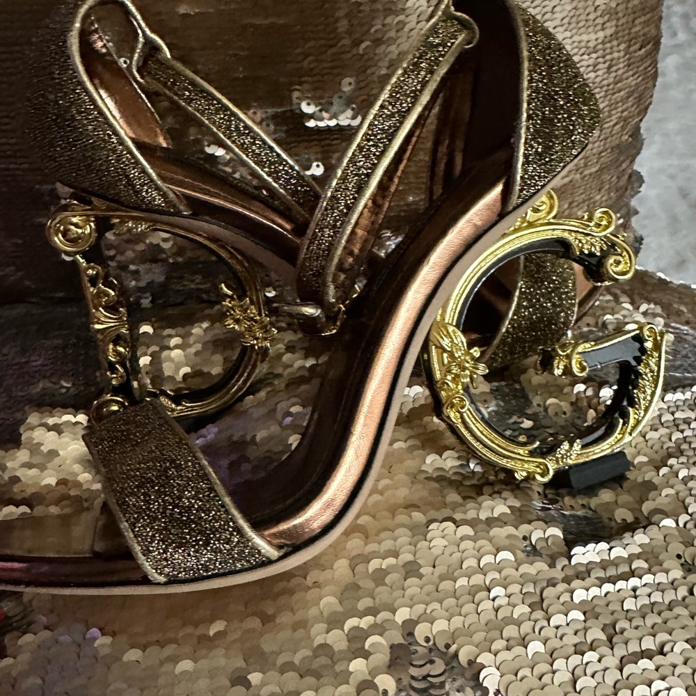 Dolce & Gabbana Gold Glitter Open-Toe High Heels with Ornate G Heel